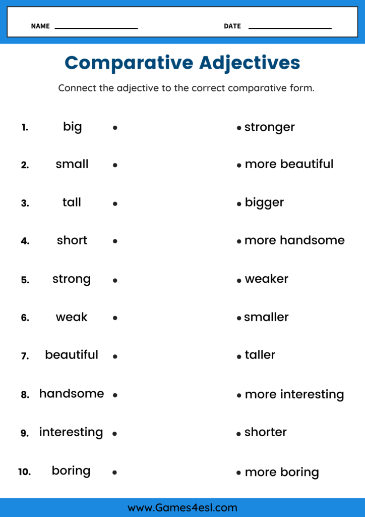 Printable ESL worksheet matching adjectives to their comparative forms.