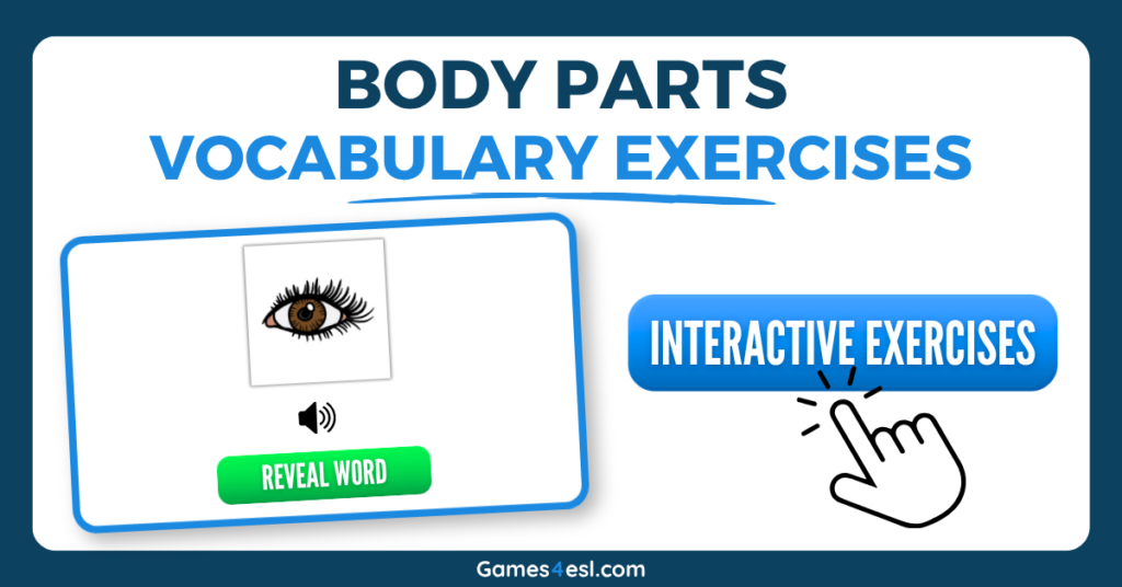 Interactive body parts vocabulary exercises.