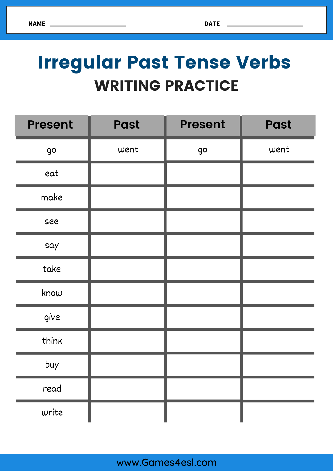 Worksheet for practicing writing the past tense form of irregular verbs.