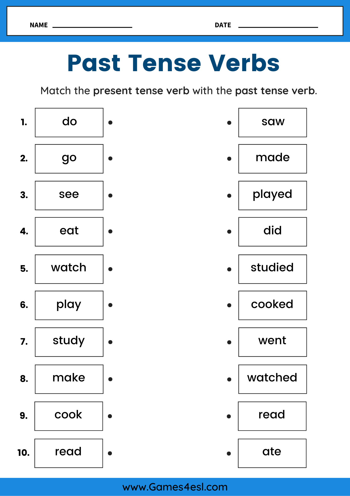 Matching worksheet where students connect present tense verbs to their past tense forms.