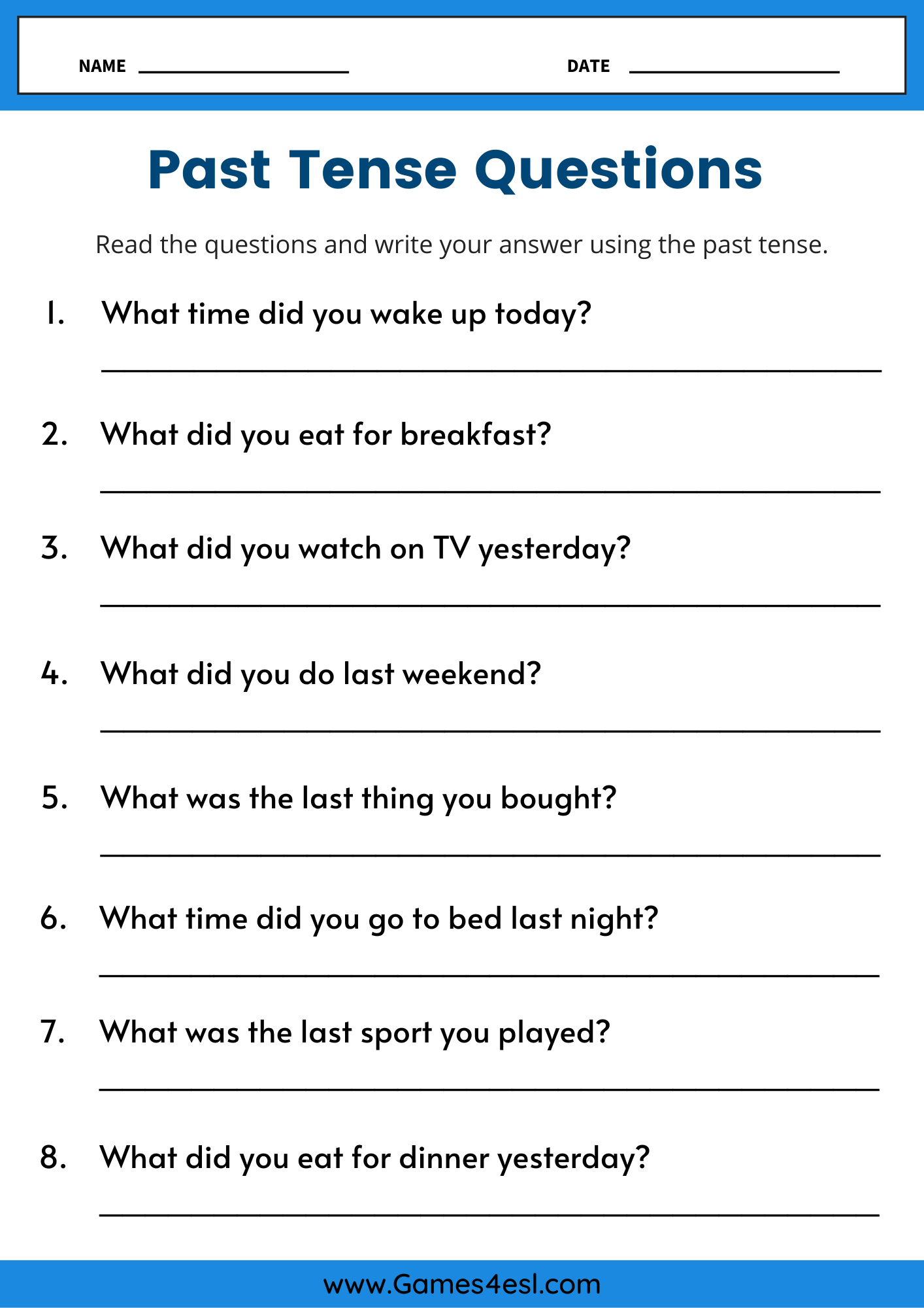 Worksheet with past tense questions for students to answer using complete sentences.