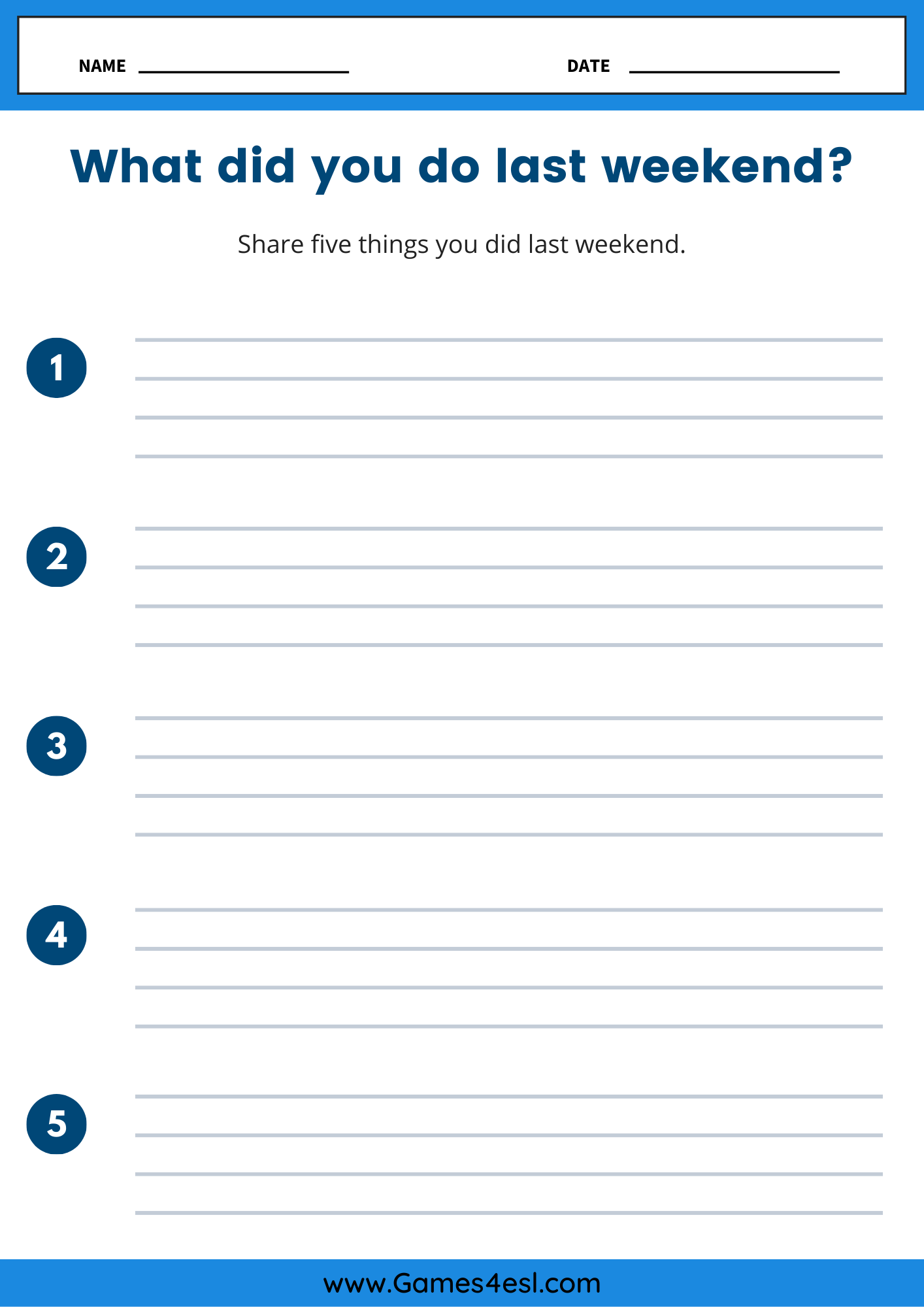 Worksheet asking students to write five past tense sentences about their weekend.