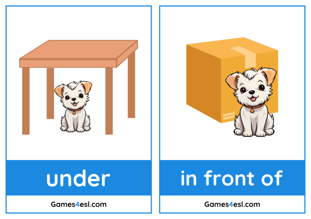 A preview of prepositions of place flashcards showing under and in front of cards.