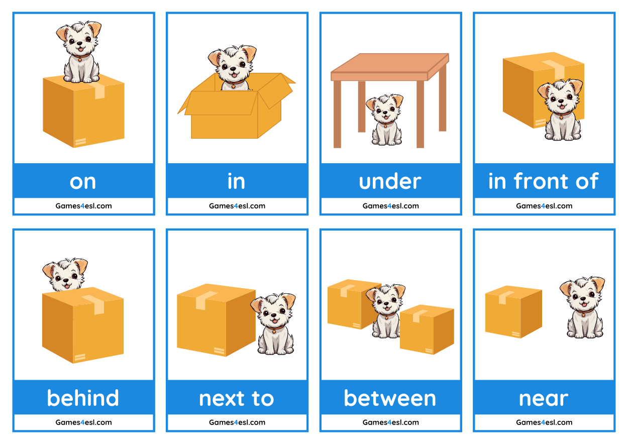 A set of 8 prepositions of place flashcards for kids showing words on, in, under, in front of, behind, next to, between, and near.