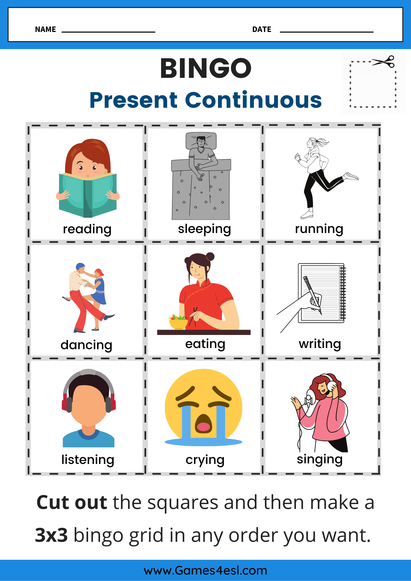 Printable present continuous bingo worksheet with action pictures