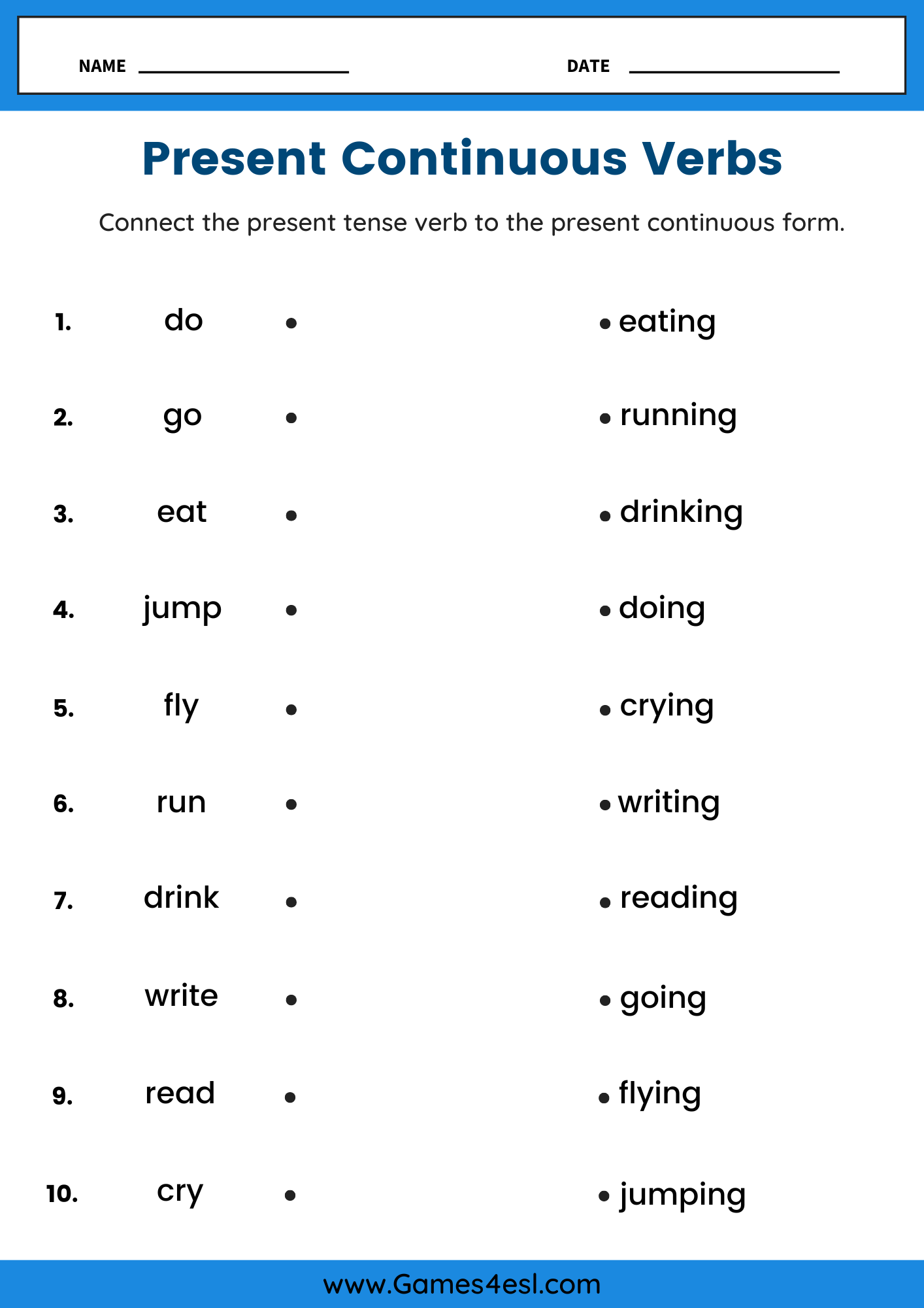 Matching activity worksheet for present continuous verbs