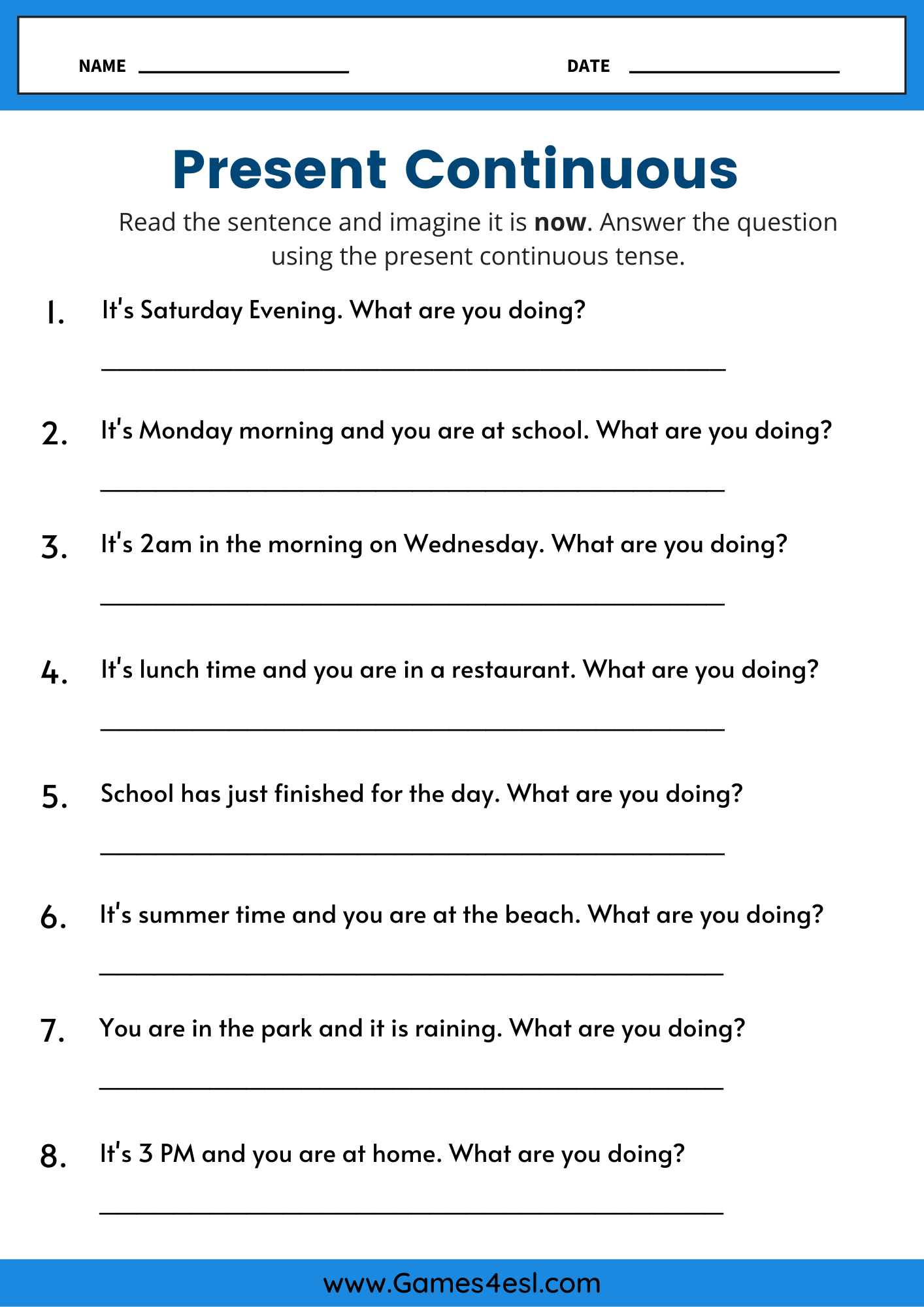 Present continuous worksheet with ‘What are you doing?’ question prompts