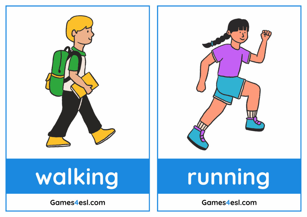 A preview of present progressive tense flashcards showing walking and running.