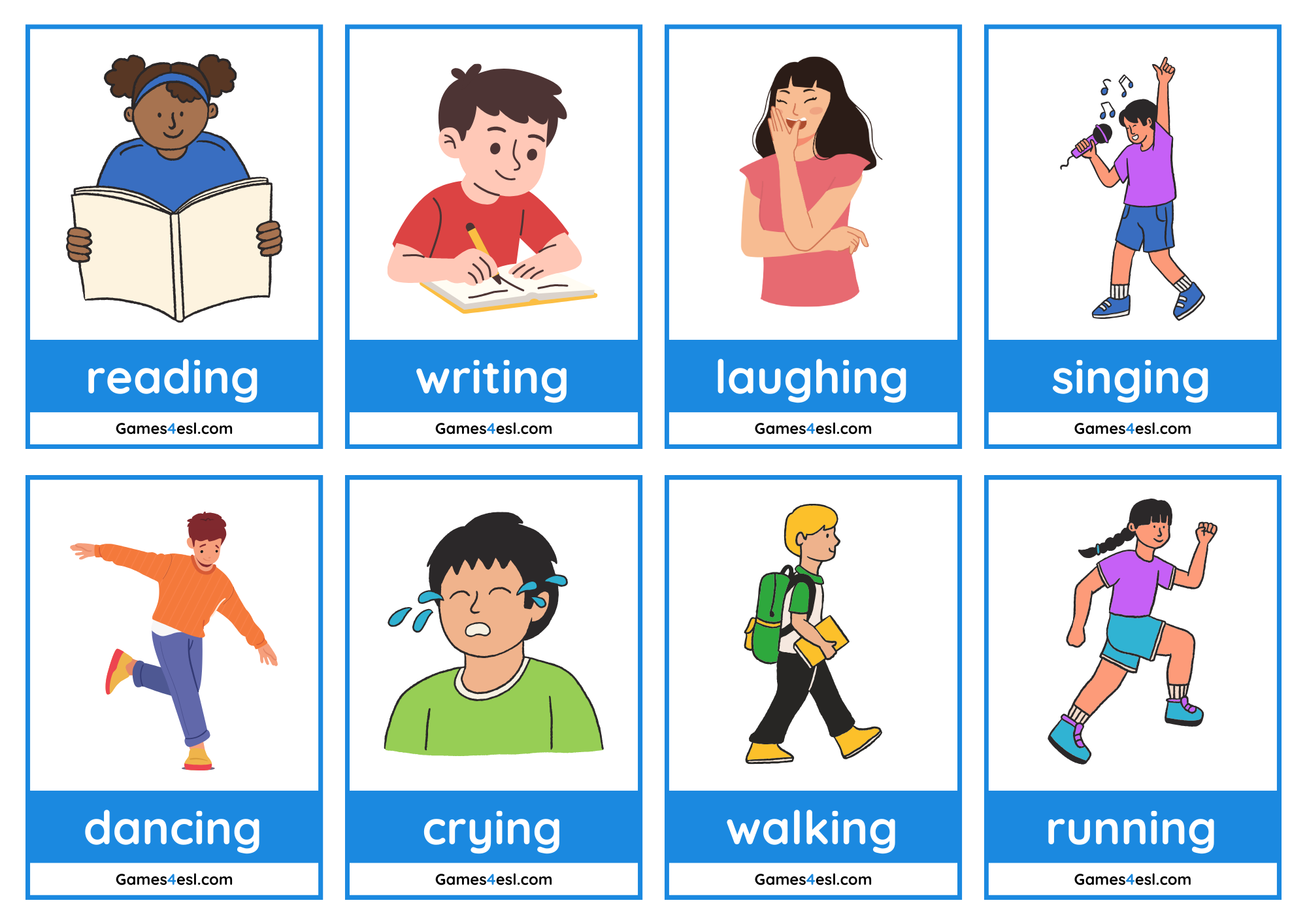 A set of present progressive tense flashcards with words reading, writing, laughing, singing, dancing, crying, walking, and running.