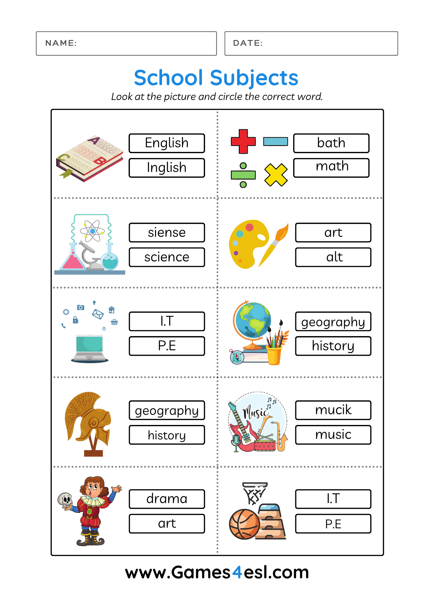 School subjects worksheet where students choose and circle the correct subject name for each picture.