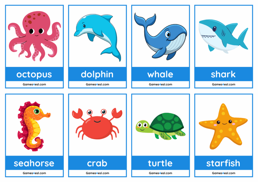 Preview of 8 printable sea animal flashcards for kids showing seahorse, dolphin, whale, shark, octopus, crab, turtle, and starfish.