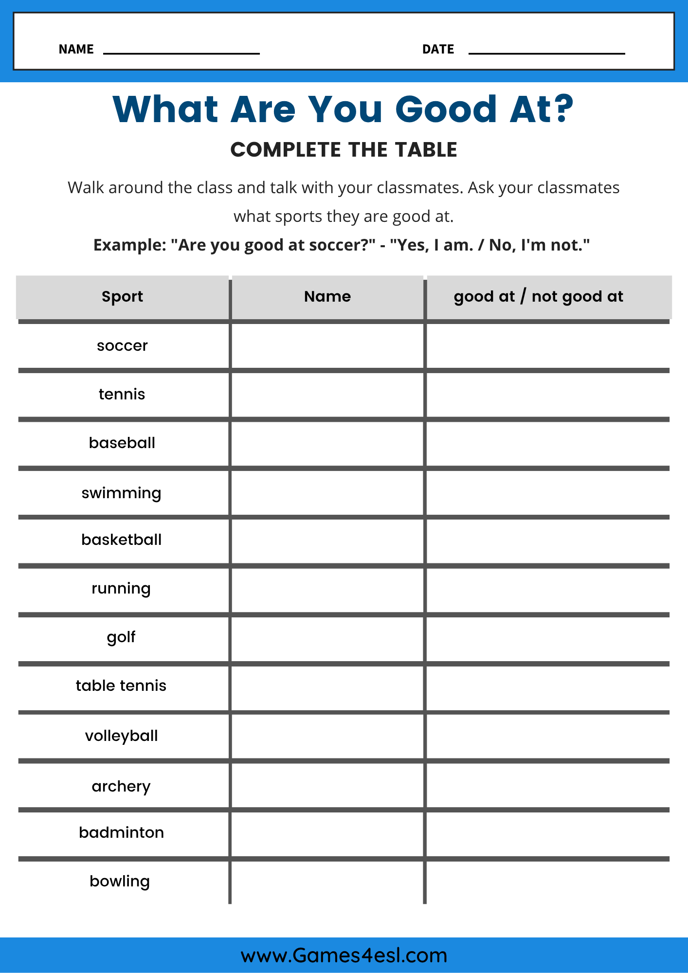 ESL class survey worksheet asking students which sports they are good at.