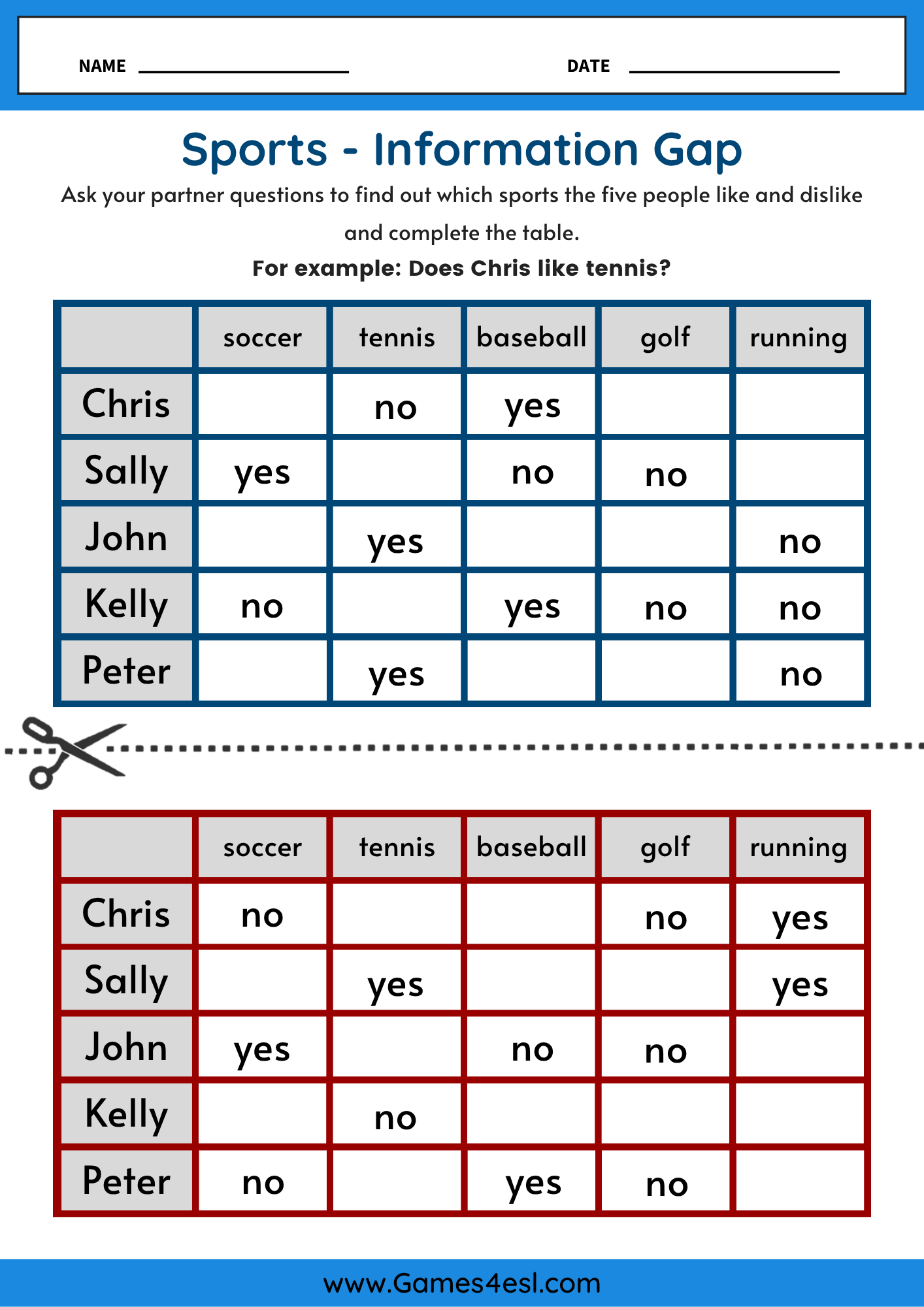 ESL information gap worksheet about sports likes and dislikes for speaking practice.