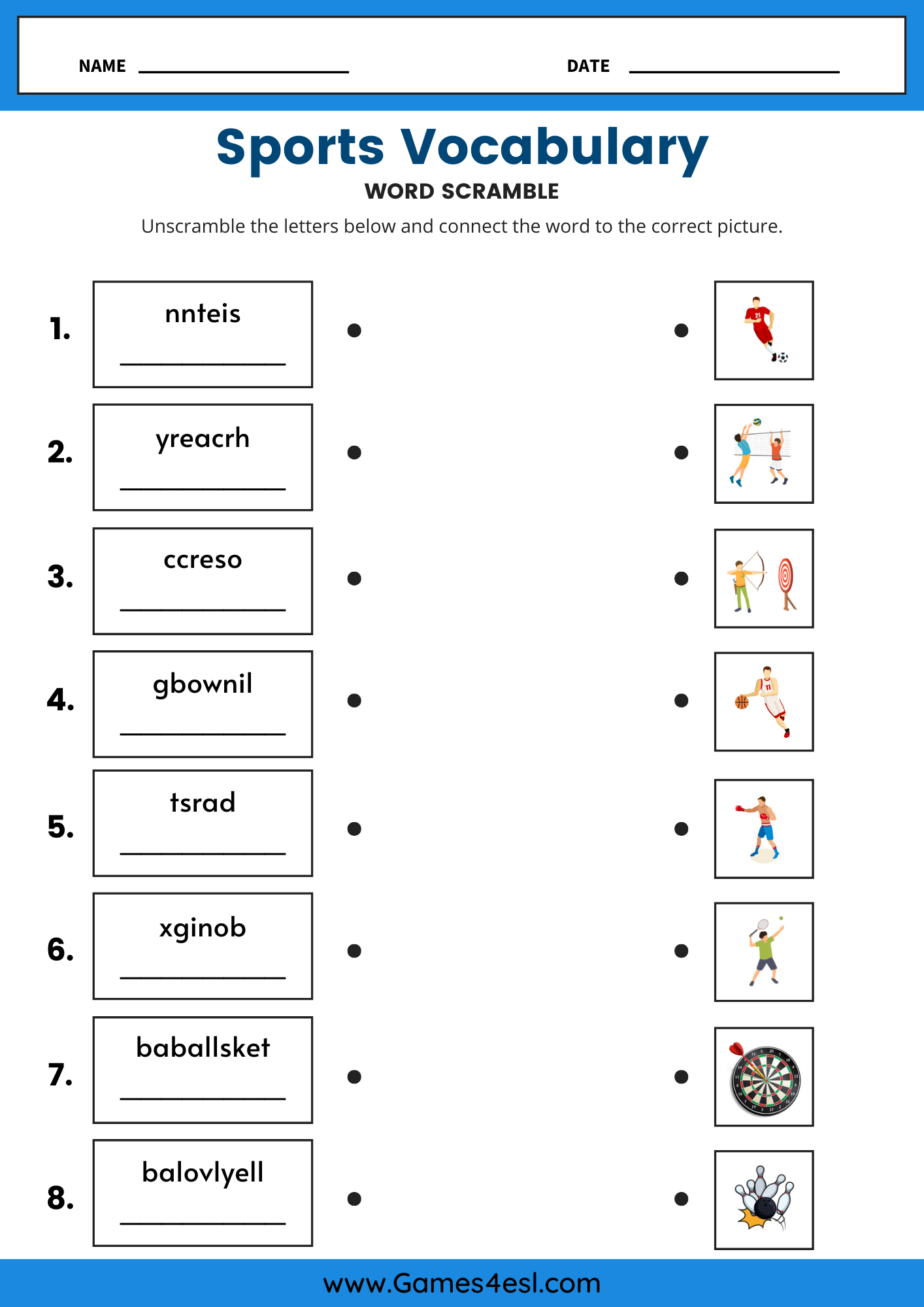 ESL worksheet with scrambled letters to spell sports vocabulary words.