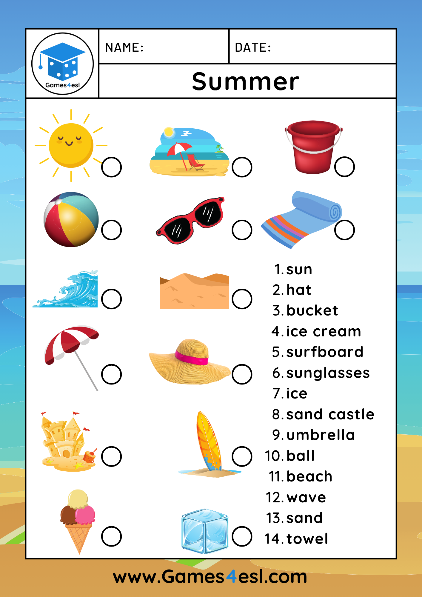 Summer worksheet with fourteen vocabulary words for numbering and matching to pictures