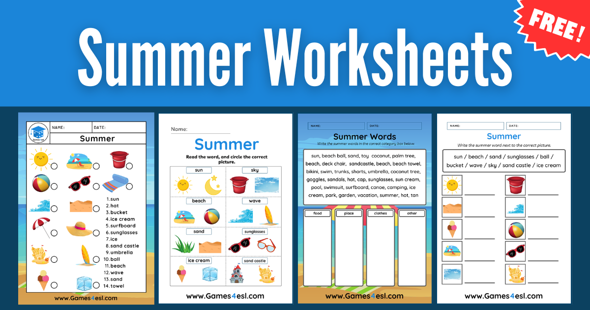 A preview of summer vocabulary worksheets for kids.