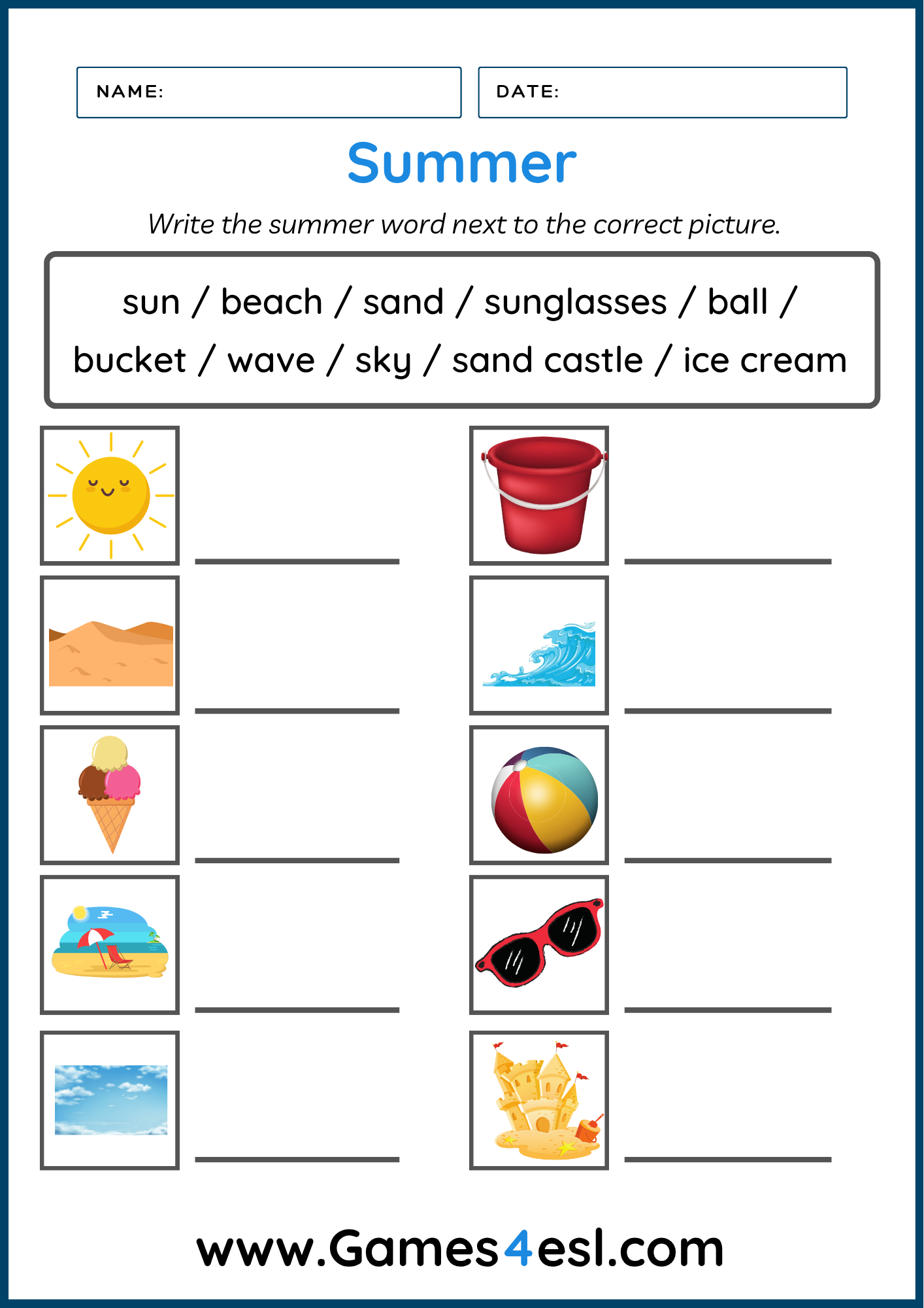 Summer vocabulary writing worksheet with ten pictures for students to label.