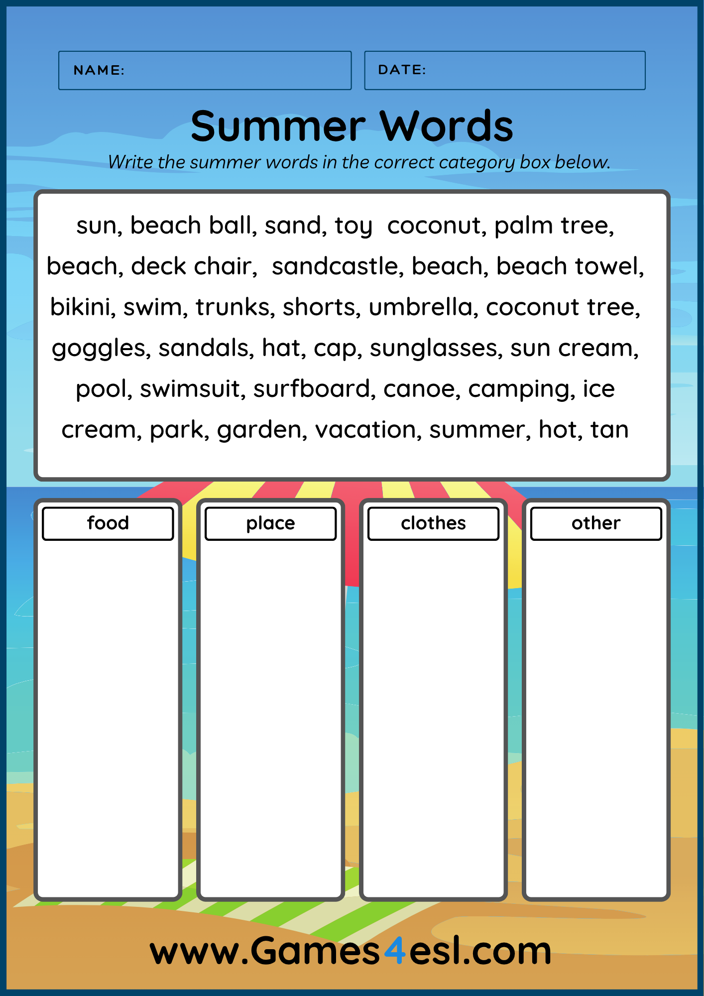 Summer vocabulary categorizing worksheet where students sort words into groups like clothing, food, and places.