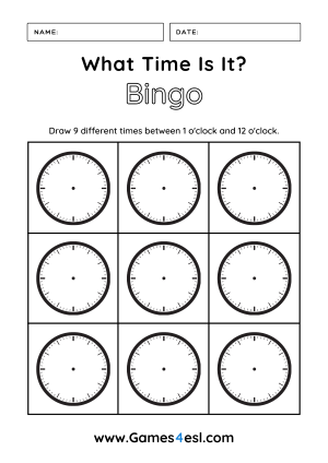 telling the time bingo worksheet