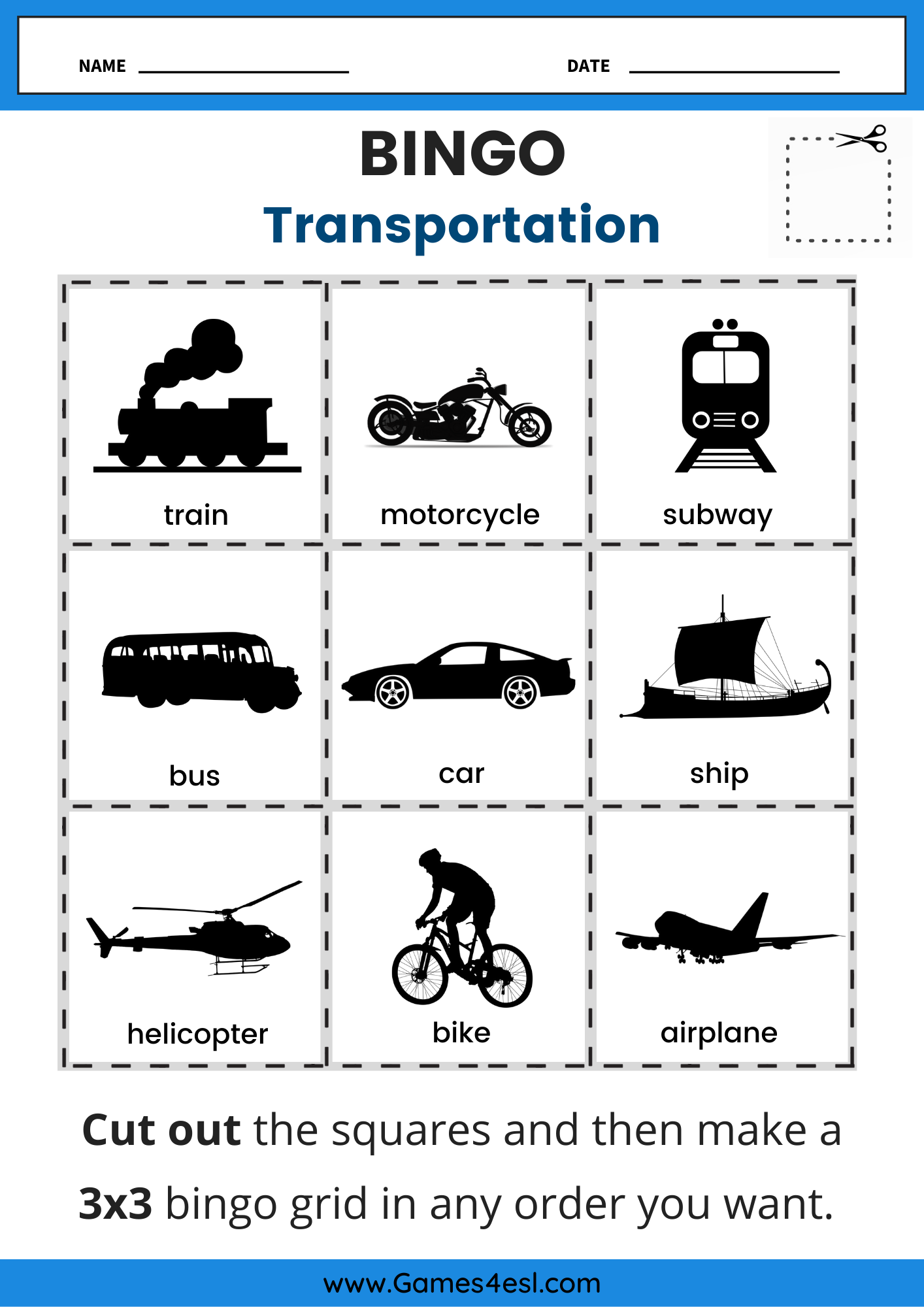 Printable transportation bingo worksheet with pictures of vehicles for ESL students to cut out and arrange in a grid.