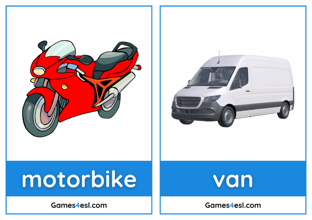 A preview of transportation flashcards showing a motorbike and a van.
