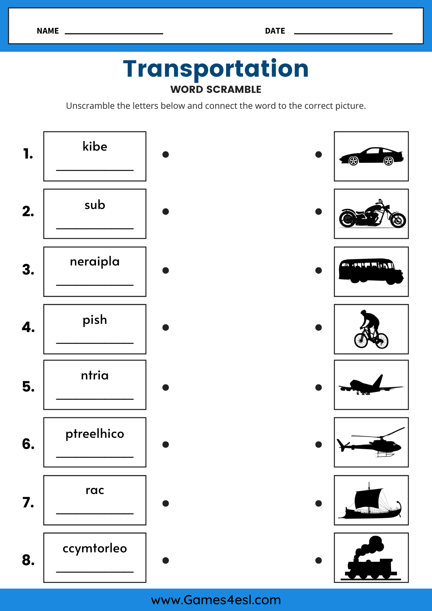 Transportation worksheet where students unscramble words and match them to pictures of different modes of transport.