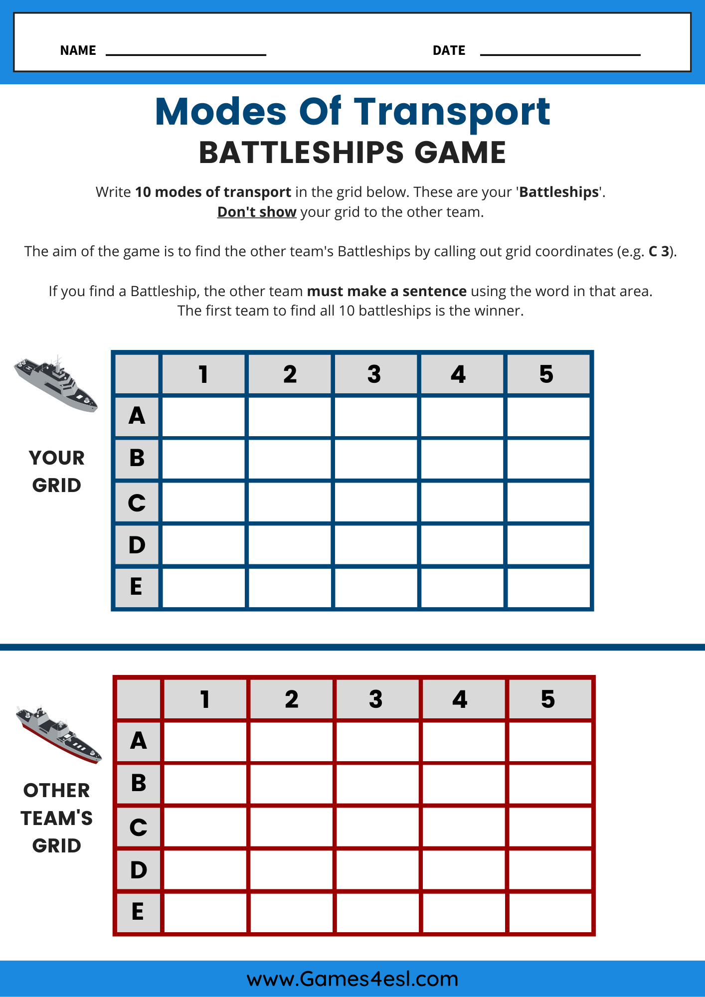 Battleships game worksheet using transportation vocabulary for students to guess coordinates and make sentences.