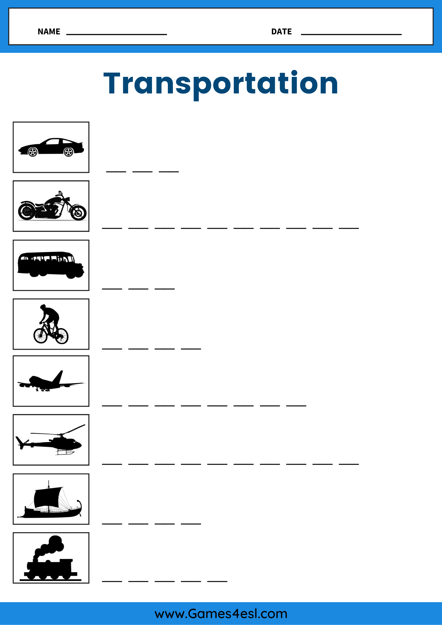 Transportation vocabulary worksheet with pictures of bus, train, airplane, and bicycle for students to label.