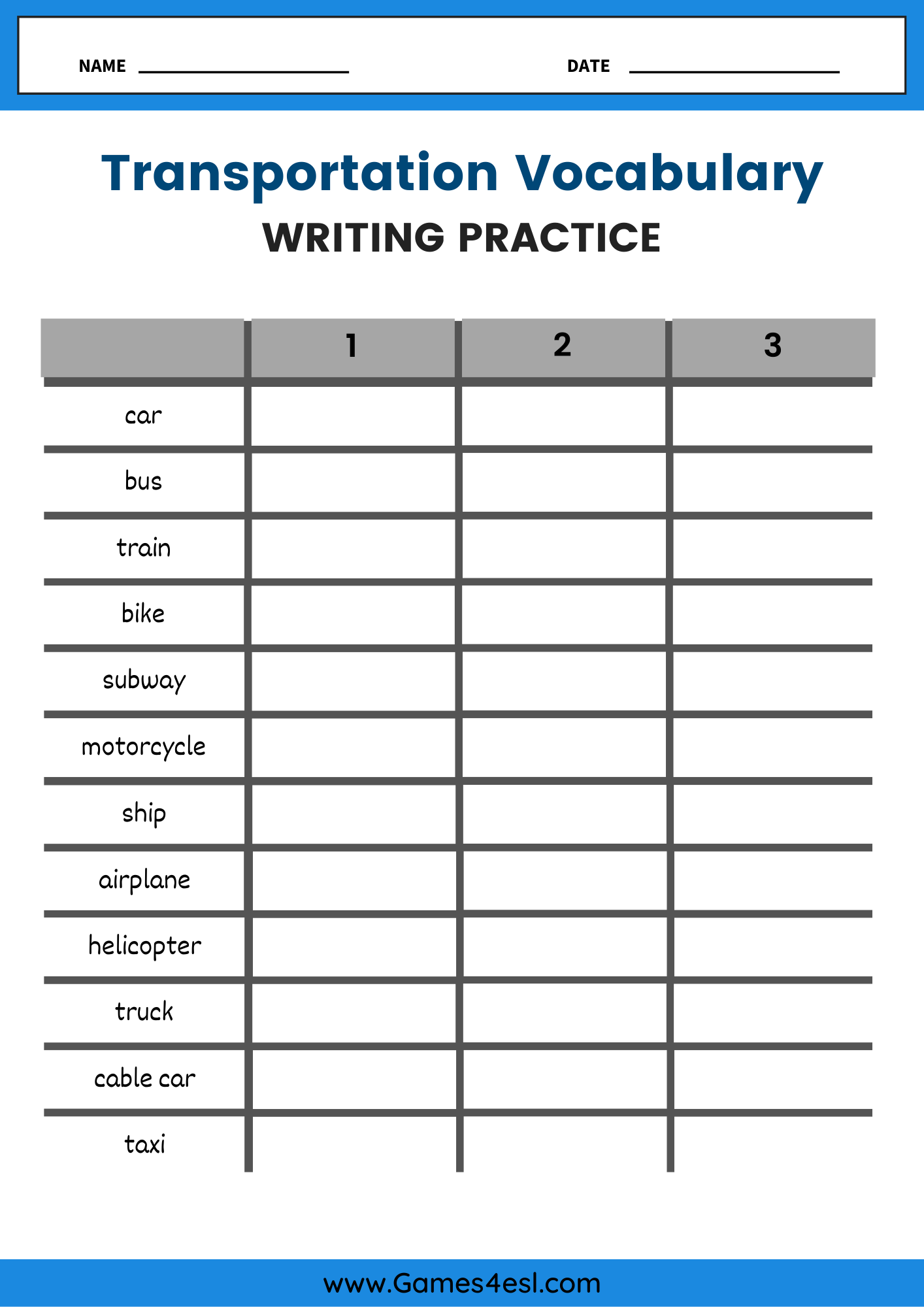 Transportation vocabulary writing worksheet where students copy 12 vehicle names to practice spelling.