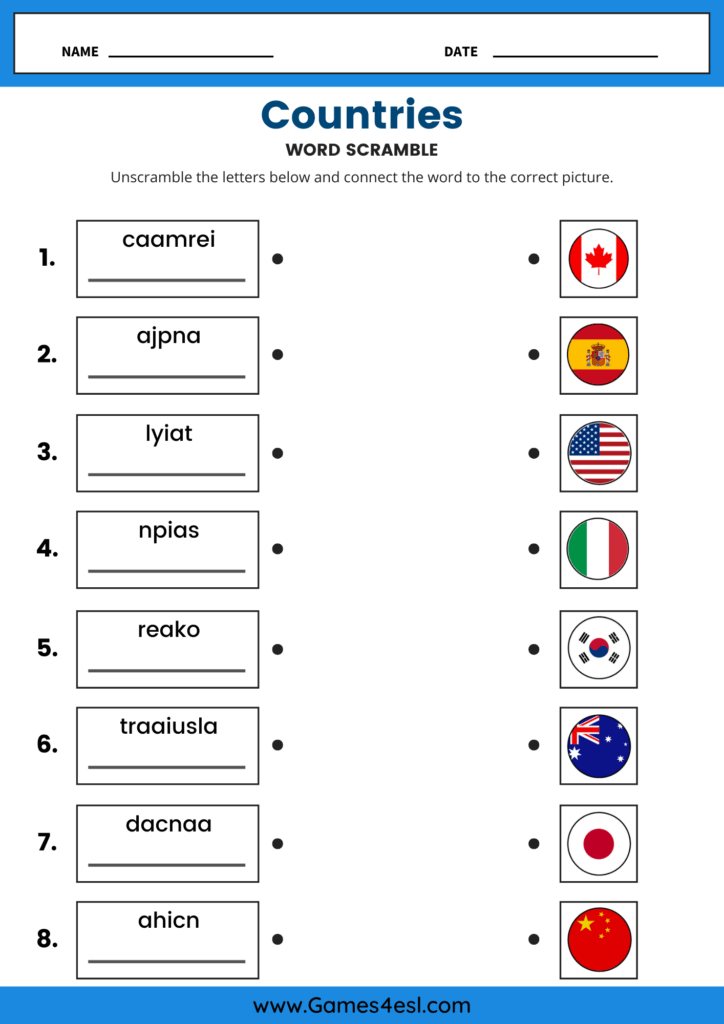 Printable ESL worksheet with jumbled letters for country names and matching flag images.