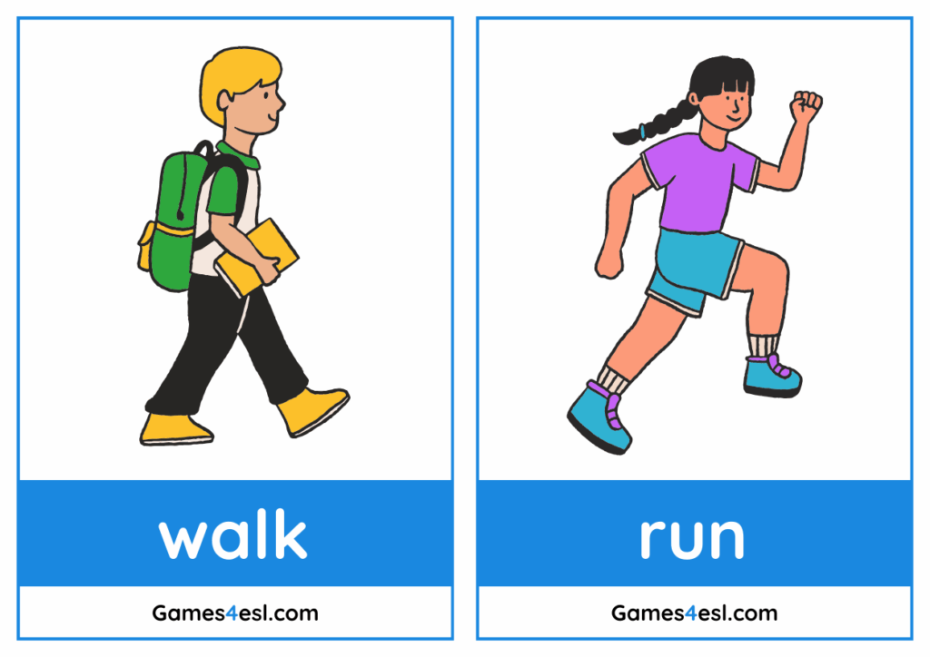 Example action verbs flashcards showing walk and run