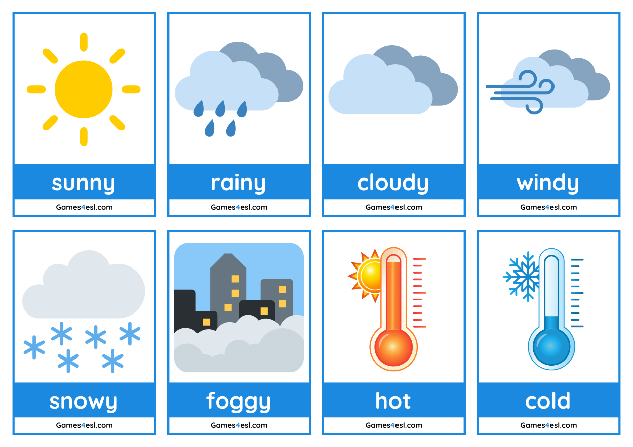 A printable set of 8 weather flashcards for kids.