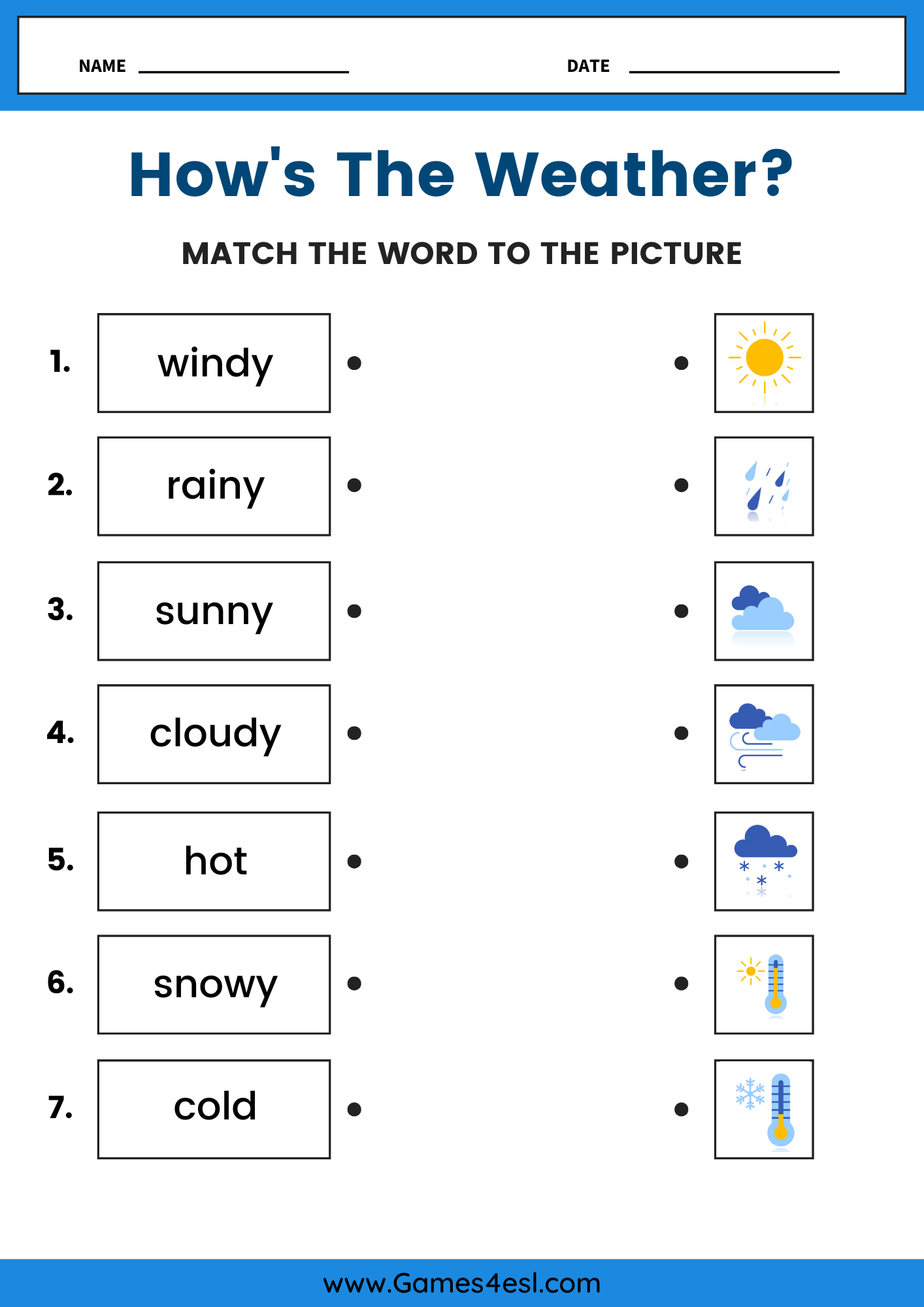 Weather vocabulary worksheet for ESL students to match words like sunny, rainy, and snowy to the correct picture.